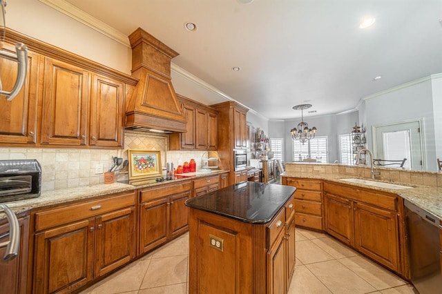 kitchen with sink, hanging light fixtures, black electric cooktop, stainless steel dishwasher, and decorative backsplash