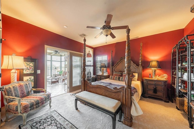 bedroom with ceiling fan, light colored carpet, and access to outside