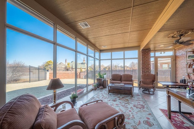 sunroom / solarium featuring wood ceiling, visible vents, and a ceiling fan