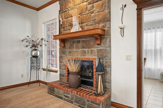 details featuring ornamental molding and a fireplace