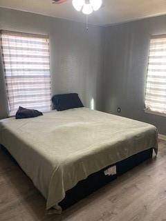 bedroom featuring ceiling fan, wood-type flooring, and multiple windows