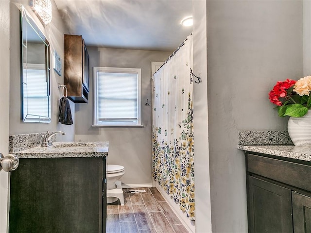 bathroom with a healthy amount of sunlight, vanity, toilet, and curtained shower