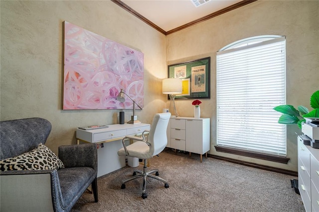 home office featuring crown molding, plenty of natural light, carpet floors, and radiator heating unit