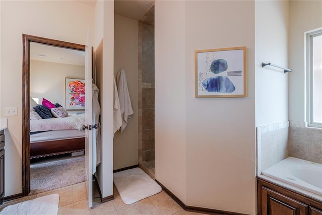 bathroom with vanity, separate shower and tub, and tile patterned flooring