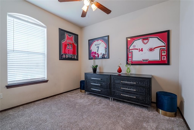 interior space featuring carpet floors and ceiling fan