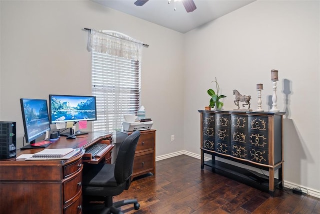 office with ceiling fan and dark hardwood / wood-style floors