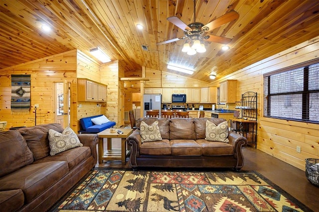 living room with wood ceiling, ceiling fan, wooden walls, and vaulted ceiling