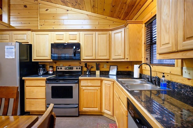 kitchen featuring sink, wood ceiling, black appliances, light brown cabinetry, and vaulted ceiling