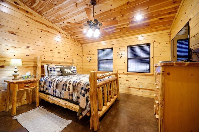 bedroom featuring wood ceiling, vaulted ceiling, and wood walls