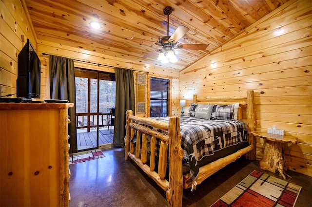 bedroom with wood ceiling, vaulted ceiling, access to outside, wooden walls, and ceiling fan