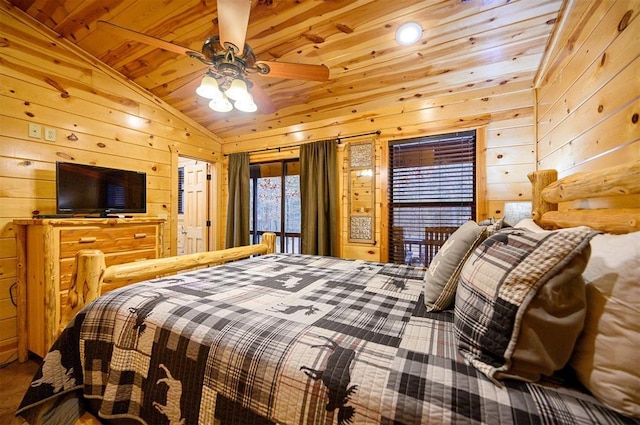 bedroom featuring vaulted ceiling, wooden ceiling, and wood walls