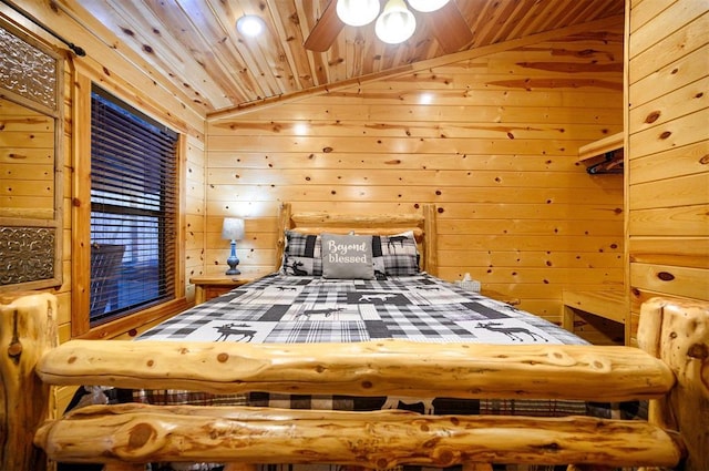 bedroom with wood ceiling, vaulted ceiling, and wooden walls