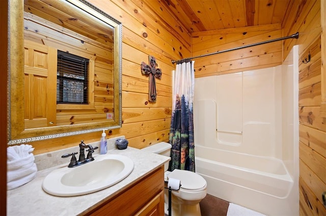 full bathroom with wood ceiling, vanity, shower / bath combination with curtain, toilet, and wood walls