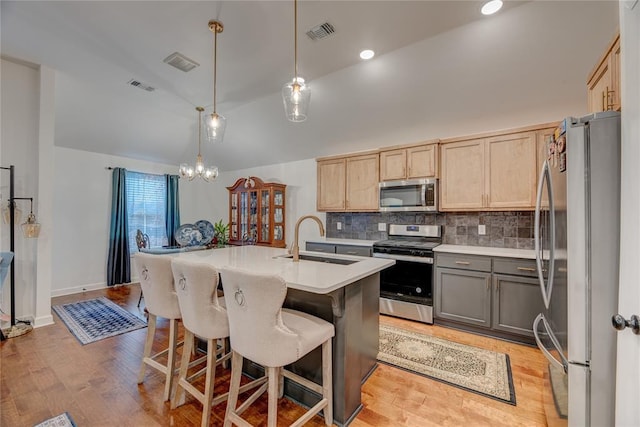 kitchen with sink, gray cabinetry, decorative light fixtures, an island with sink, and stainless steel appliances