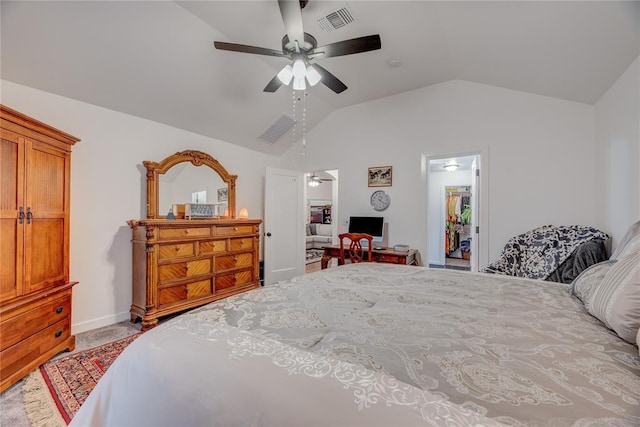 bedroom with lofted ceiling, light carpet, and ceiling fan