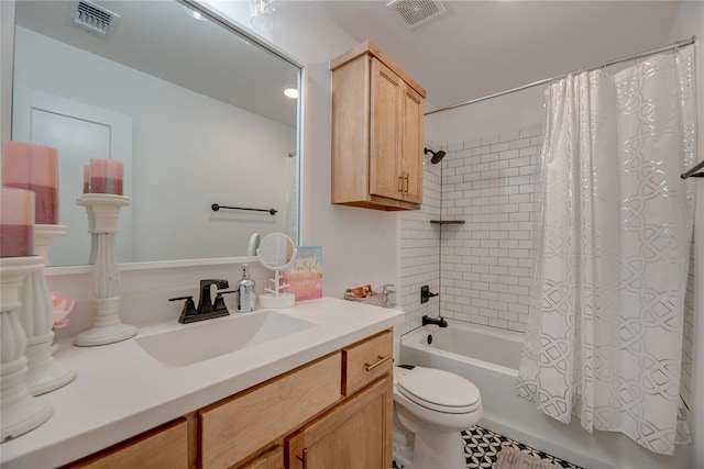 full bathroom featuring vanity, shower / bathtub combination with curtain, and toilet