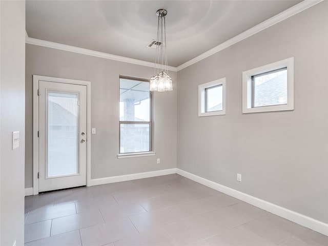 interior space featuring crown molding and a notable chandelier