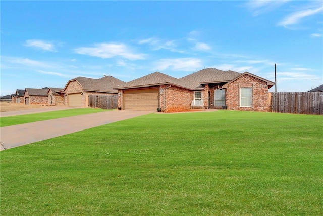 ranch-style house with a garage and a front yard