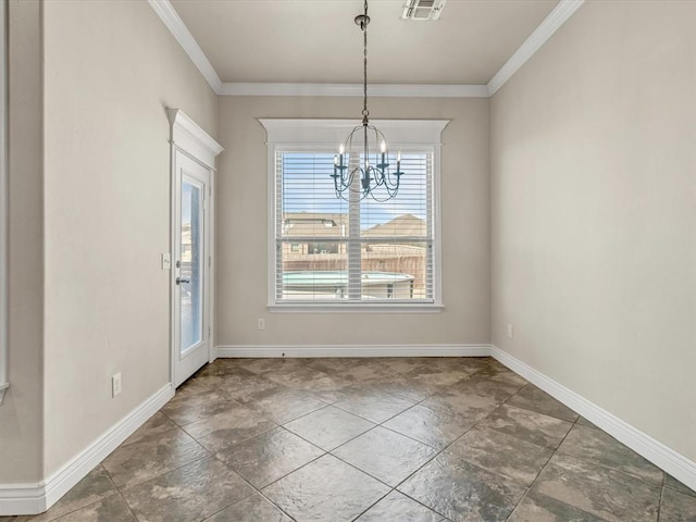 unfurnished dining area with baseboards, visible vents, a chandelier, and ornamental molding