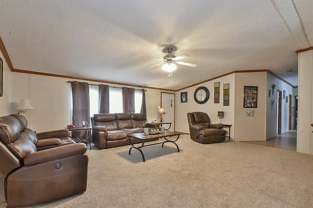 living room featuring crown molding, carpet floors, and a textured ceiling