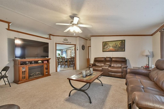 carpeted living room with ceiling fan, ornamental molding, and a textured ceiling