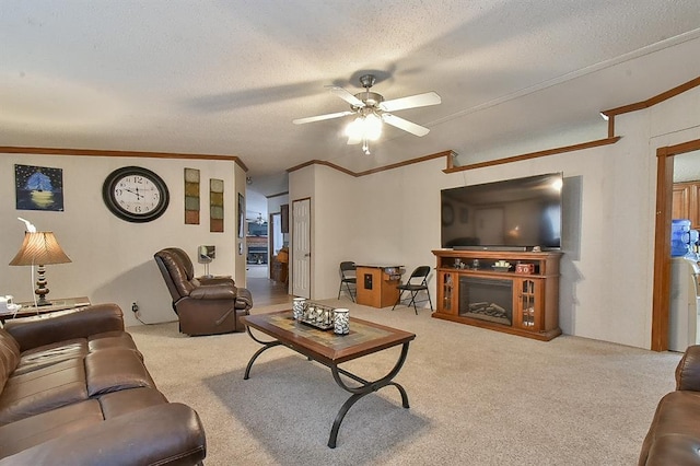 living room with light carpet, ornamental molding, and a textured ceiling