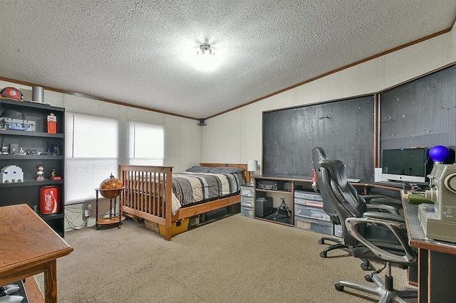 carpeted bedroom featuring lofted ceiling, ornamental molding, and a textured ceiling