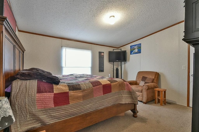 carpeted bedroom featuring crown molding, vaulted ceiling, and a textured ceiling