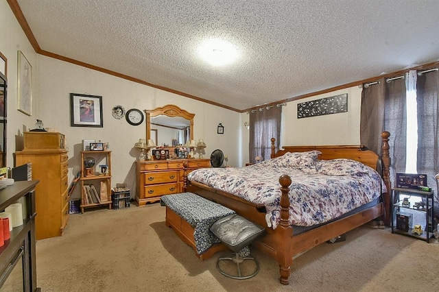 carpeted bedroom featuring crown molding and a textured ceiling