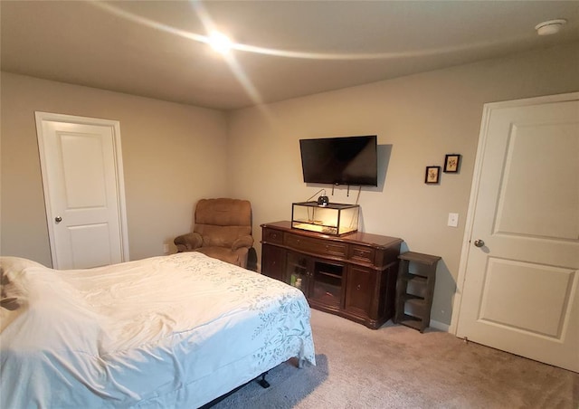 bedroom with light colored carpet