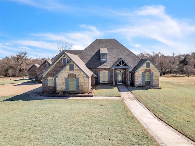 french country style house with stone siding, roof with shingles, and a front yard