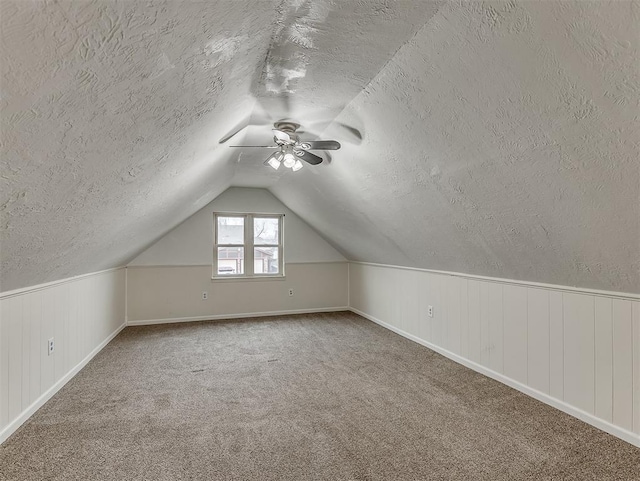 additional living space featuring lofted ceiling, carpet floors, and a textured ceiling