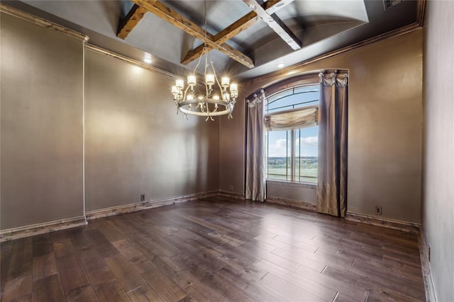 empty room with beamed ceiling, coffered ceiling, dark wood-type flooring, and a notable chandelier