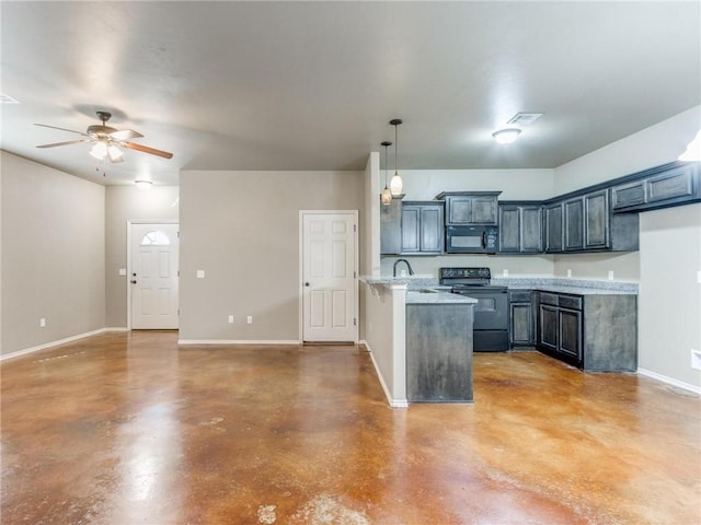 kitchen featuring pendant lighting, ceiling fan, light stone counters, and black appliances