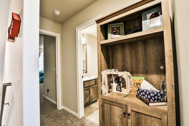 mudroom with light colored carpet