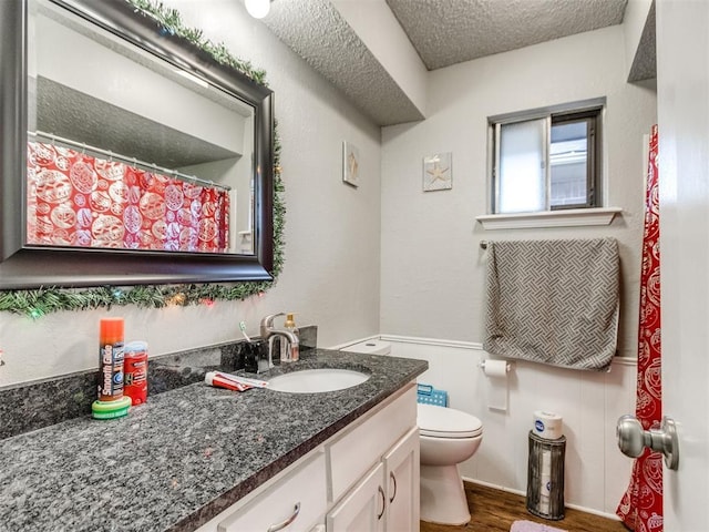 bathroom featuring vanity, wood-type flooring, a textured ceiling, and toilet