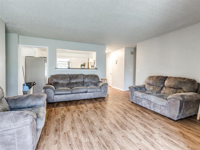 living room featuring light hardwood / wood-style floors and a textured ceiling