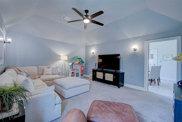 carpeted living room with lofted ceiling and ceiling fan