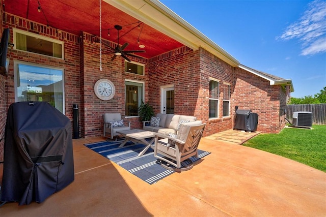 view of patio / terrace with a grill, central AC unit, an outdoor hangout area, and ceiling fan