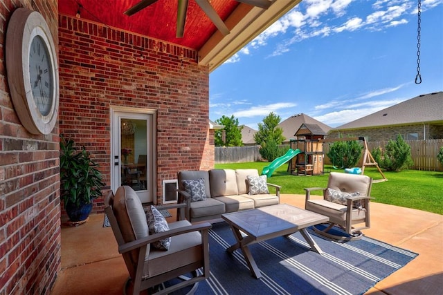 view of patio with ceiling fan, outdoor lounge area, and a playground