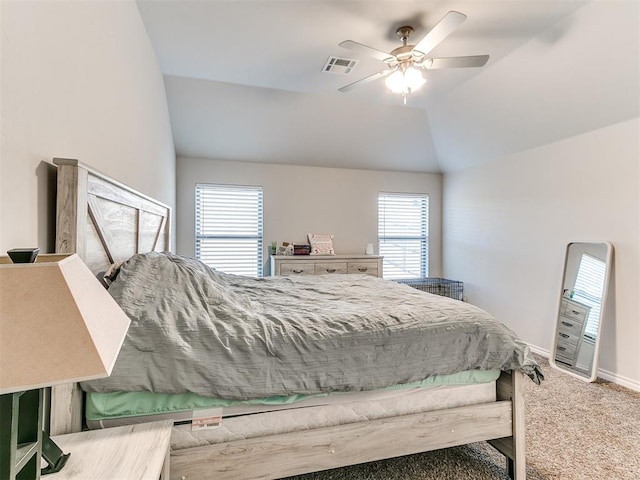 carpeted bedroom with lofted ceiling and ceiling fan