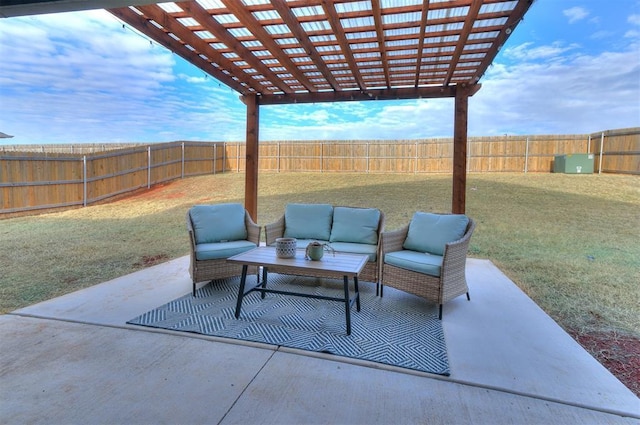 view of patio / terrace with an outdoor hangout area and a pergola