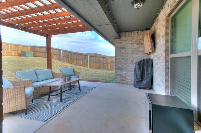 view of patio featuring grilling area, outdoor lounge area, and a pergola