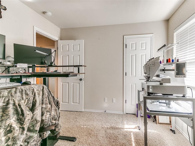 home office featuring light colored carpet