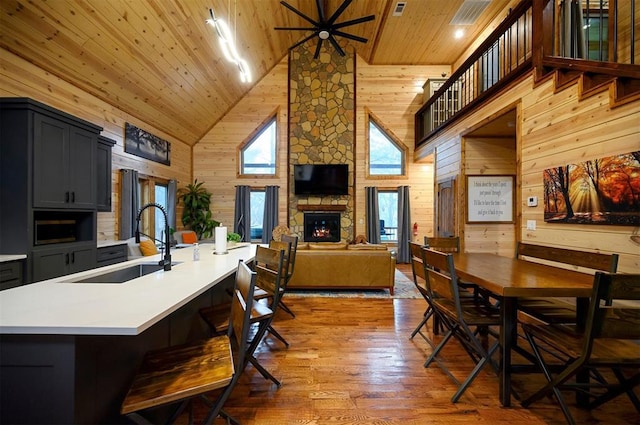 kitchen with a breakfast bar, a fireplace, wood walls, sink, and wooden ceiling