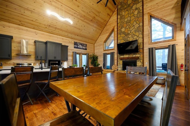 dining area featuring a stone fireplace, dark hardwood / wood-style floors, wooden ceiling, and wood walls