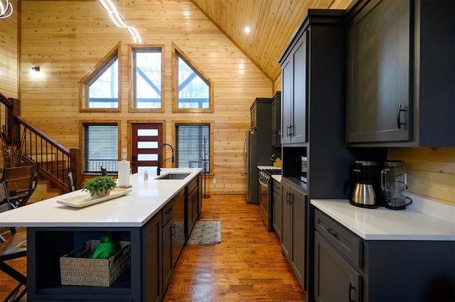 kitchen featuring sink, a kitchen island with sink, hardwood / wood-style floors, wooden ceiling, and wood walls