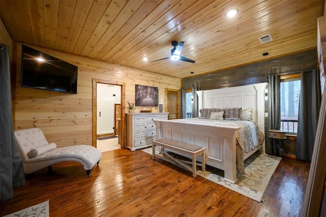 bedroom featuring wood ceiling, wood-type flooring, and wooden walls