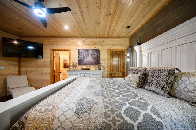 bedroom with wood ceiling and wood walls