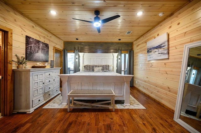 bedroom with wood-type flooring, wooden ceiling, and wooden walls